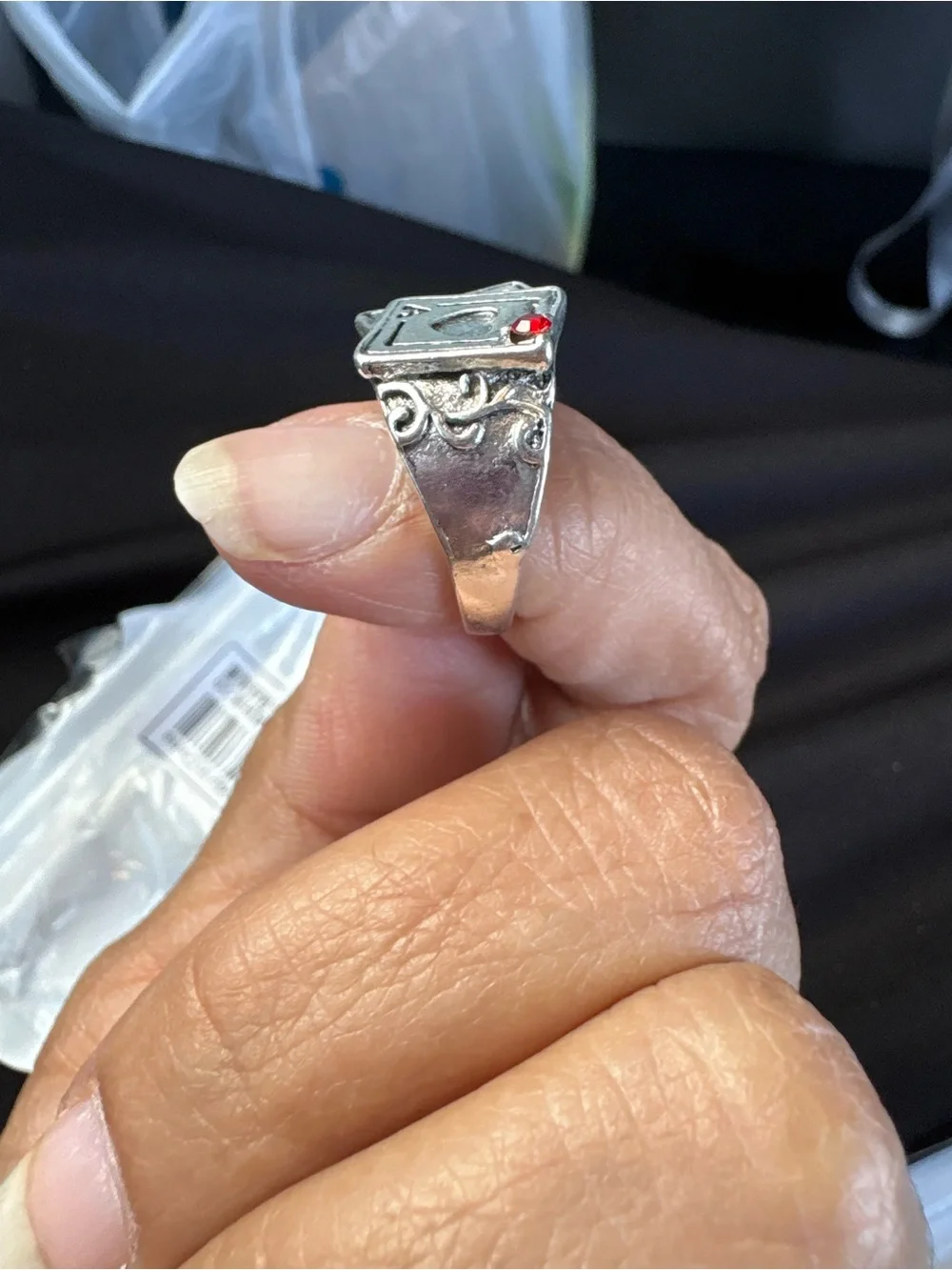 Silver-Tone Playing Card Heart Ring with Red Accent